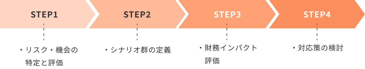 STEP1:リスク・機会の特定と評価、STEP2:シナリオ群の定義、STEP3:財務インパクト評価、STEP4:対応策の検討